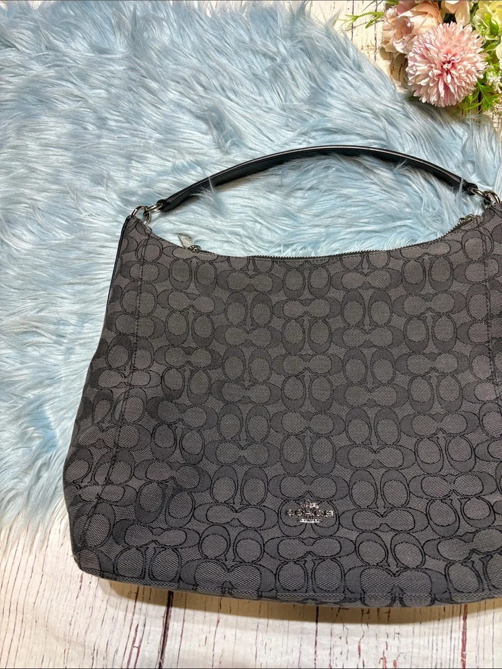 Coach Celeste Hobo Black Smoke Signature Tote Bag Canvas Monogram